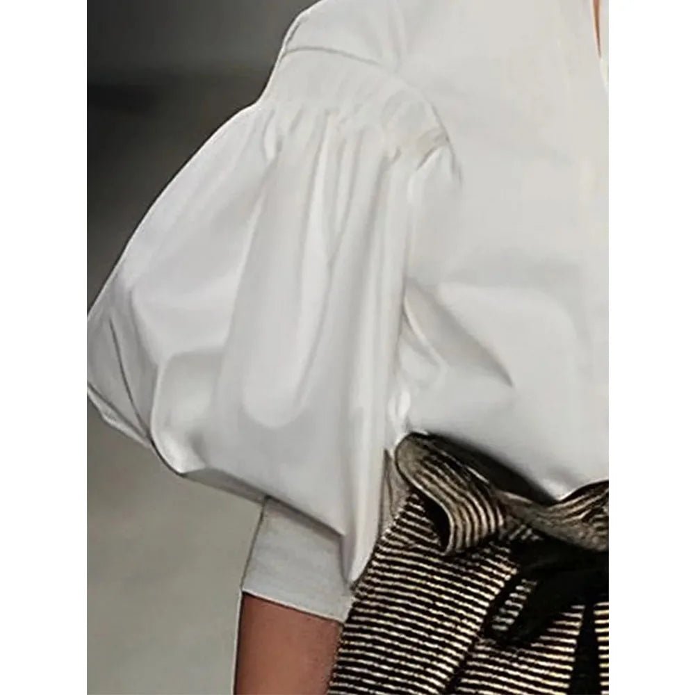 Puff Sleeves Buttoned Solid Color Blouse - Easydrop