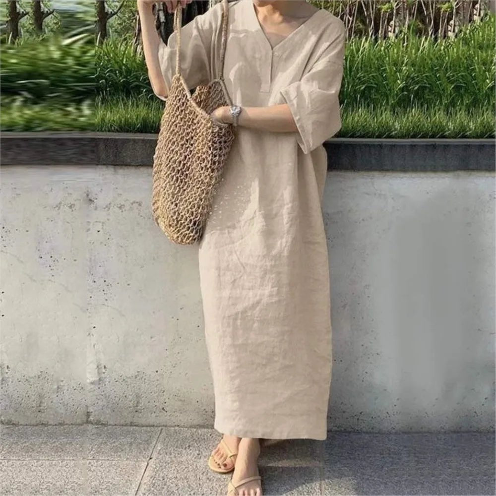 short-sleeve-v-neck-solid-color-casual-cotton-linen-dress-1934817 - Easydrop