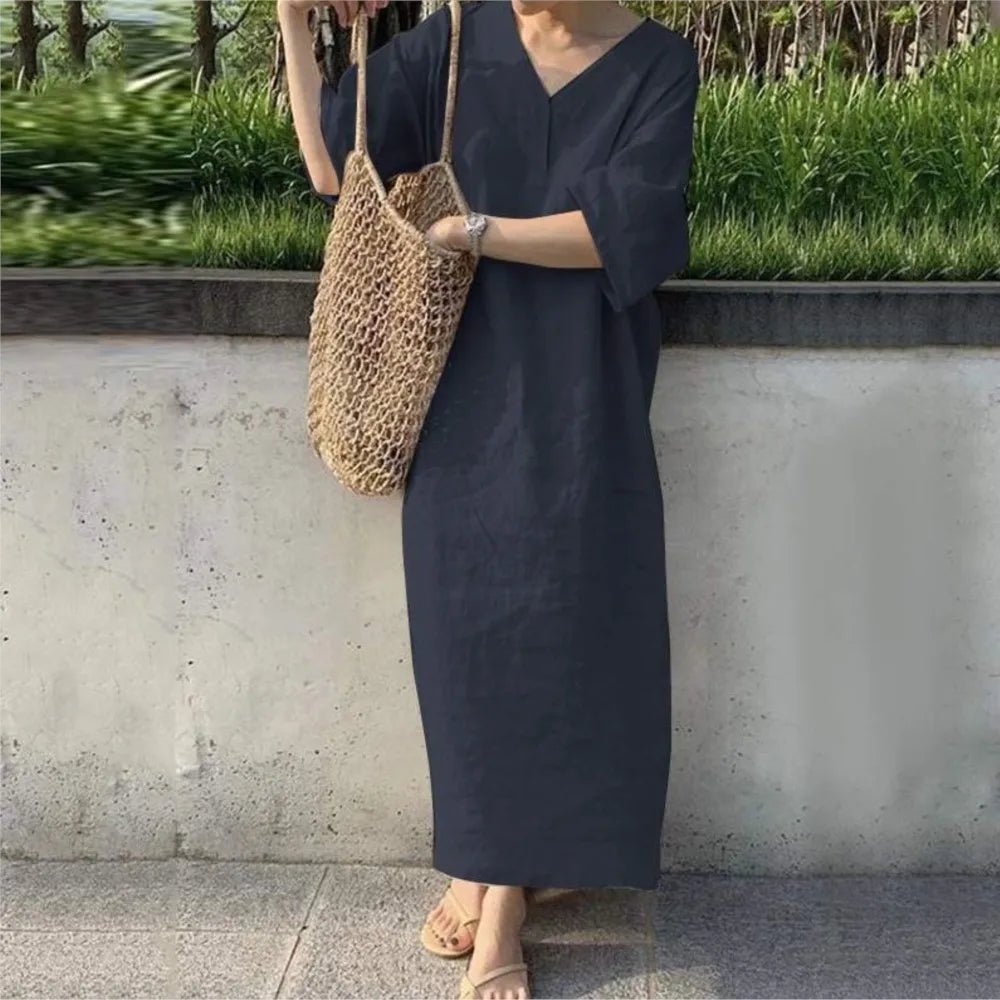 short-sleeve-v-neck-solid-color-casual-cotton-linen-dress-2021301 - Easydrop
