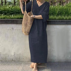 short-sleeve-v-neck-solid-color-casual-cotton-linen-dress-2021301 - Easydrop