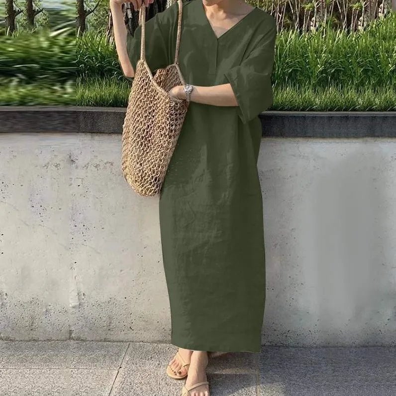 short-sleeve-v-neck-solid-color-casual-cotton-linen-dress-3549081 - Easydrop