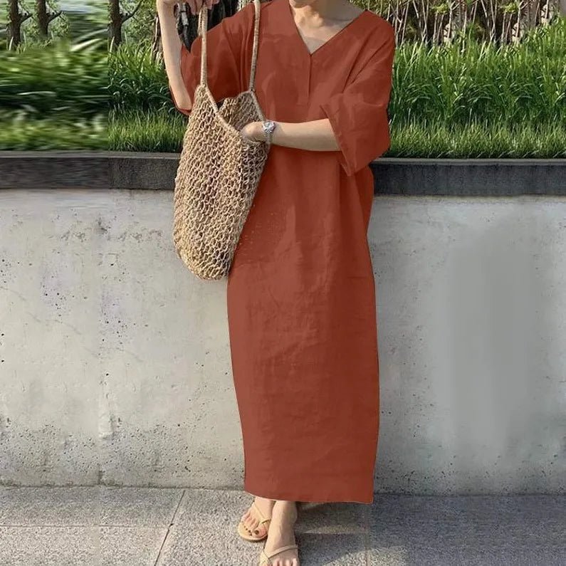 short-sleeve-v-neck-solid-color-casual-cotton-linen-dress-9307342 - Easydrop