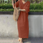 short-sleeve-v-neck-solid-color-casual-cotton-linen-dress-9307342 - Easydrop