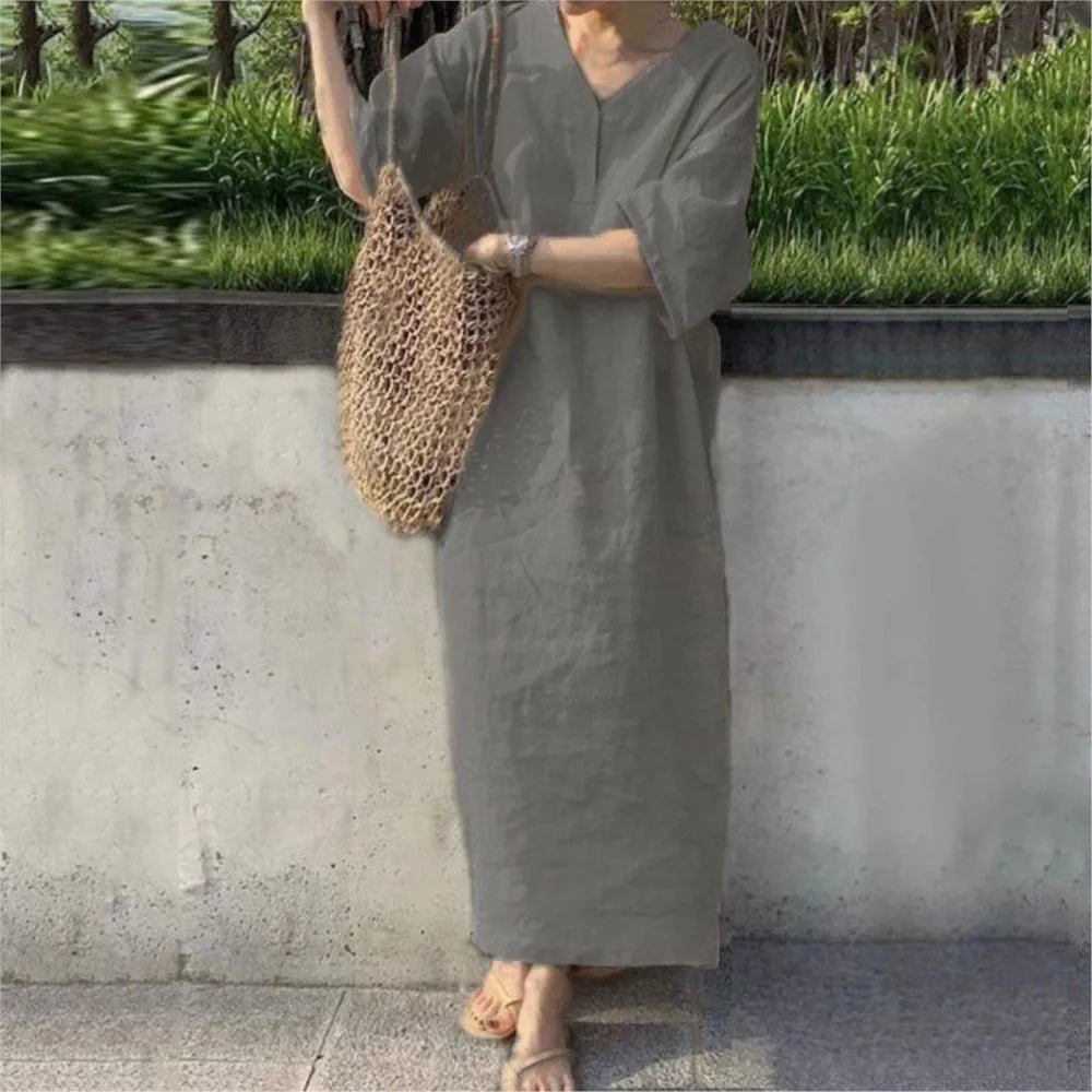 short-sleeve-v-neck-solid-color-casual-cotton-linen-dress-9972023 - Easydrop