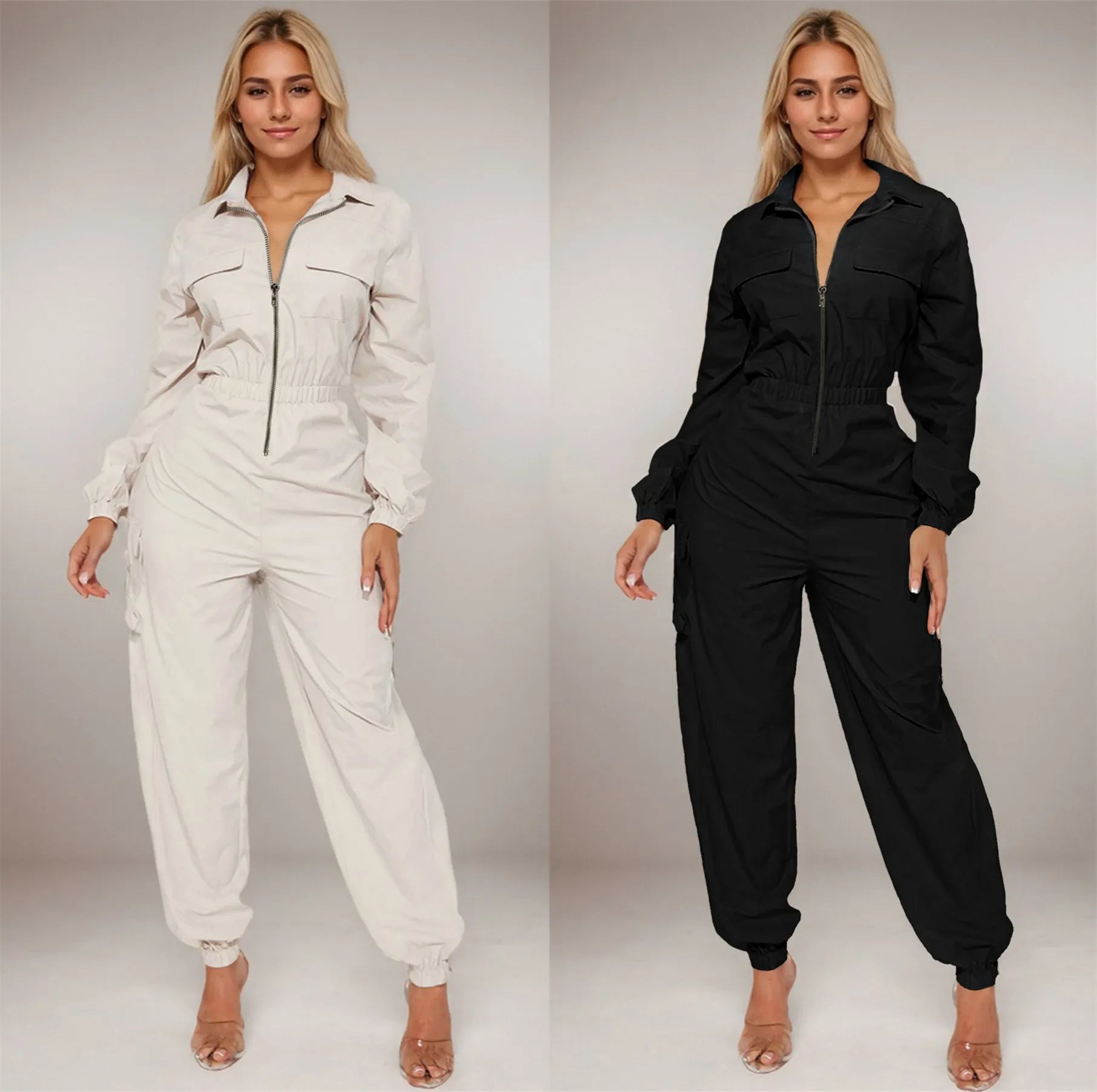 Solid Zipper Pocket Turn Down Collar Long Sleeve Mid Waist Full Length Cargo Pants - Easydrop