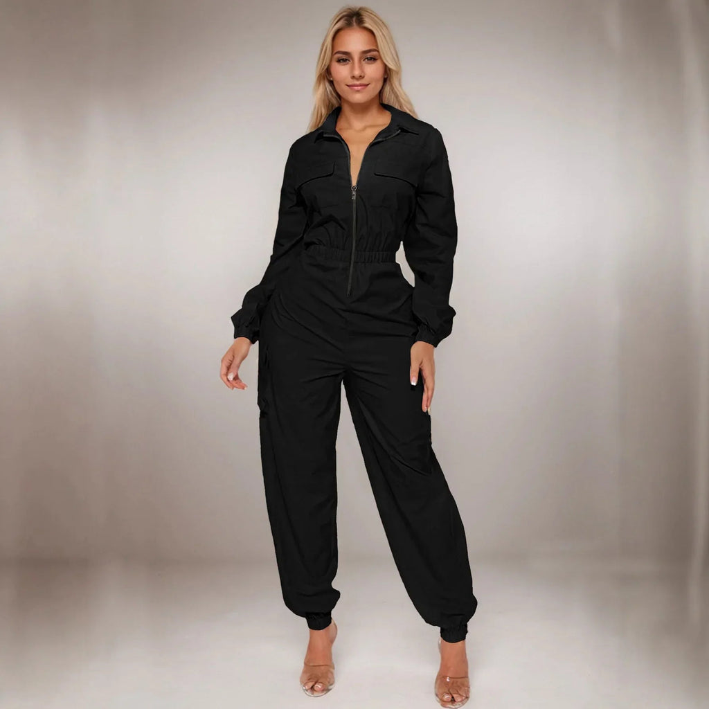 Solid Zipper Pocket Turn Down Collar Long Sleeve Mid Waist Full Length Cargo Pants - Easydrop
