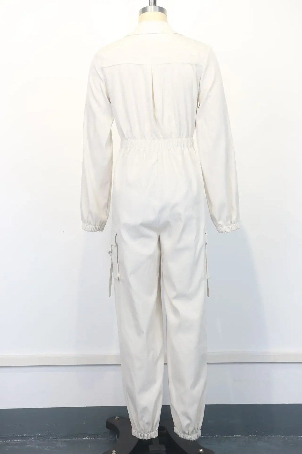 Solid Zipper Pocket Turn Down Collar Long Sleeve Mid Waist Full Length Cargo Pants - Easydrop