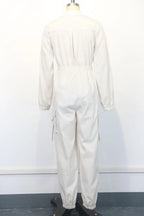 Solid Zipper Pocket Turn Down Collar Long Sleeve Mid Waist Full Length Cargo Pants - Easydrop