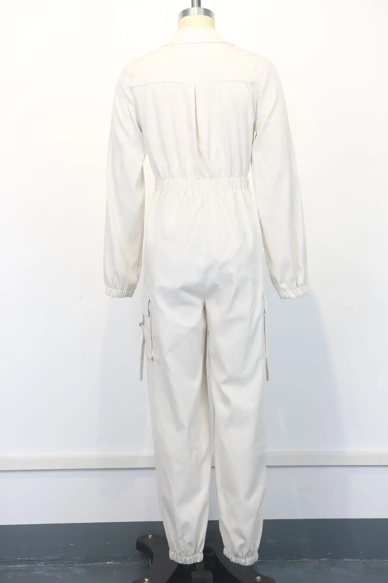Solid Zipper Pocket Turn Down Collar Long Sleeve Mid Waist Full Length Cargo Pants - Easydrop