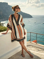 striped-print-v-neck-loose-short-sleeved-vacation-style-dress-2380745 - Easydrop