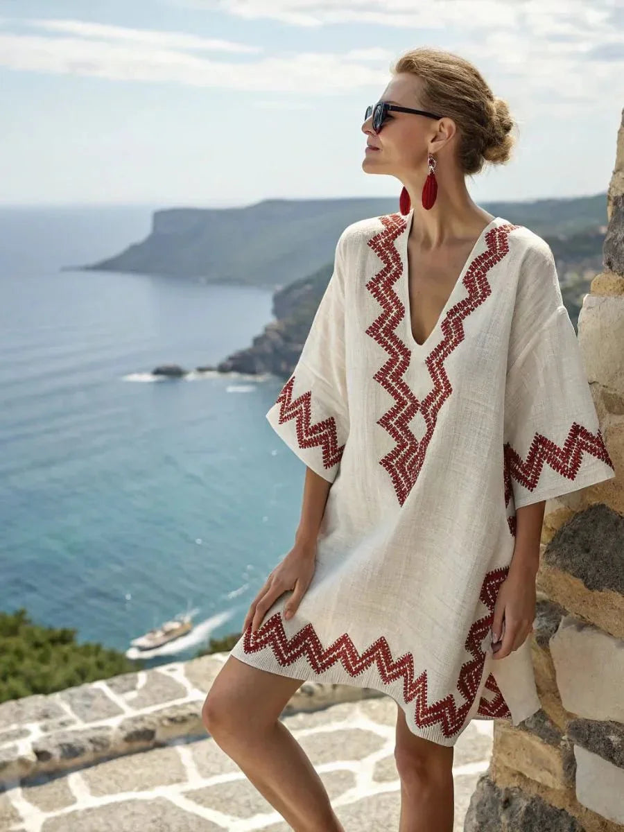 striped-print-v-neck-loose-short-sleeved-vacation-style-dress-2642314 - Easydrop