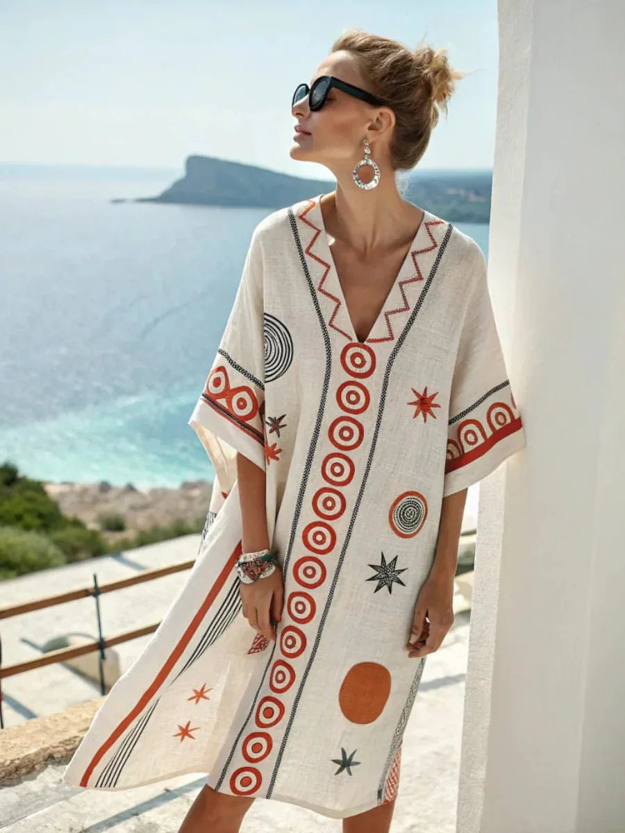 striped-print-v-neck-loose-short-sleeved-vacation-style-dress-4224386 - Easydrop
