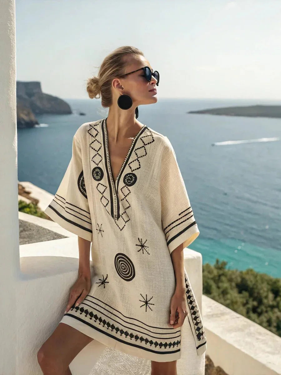 striped-print-v-neck-loose-short-sleeved-vacation-style-dress-4373118 - Easydrop