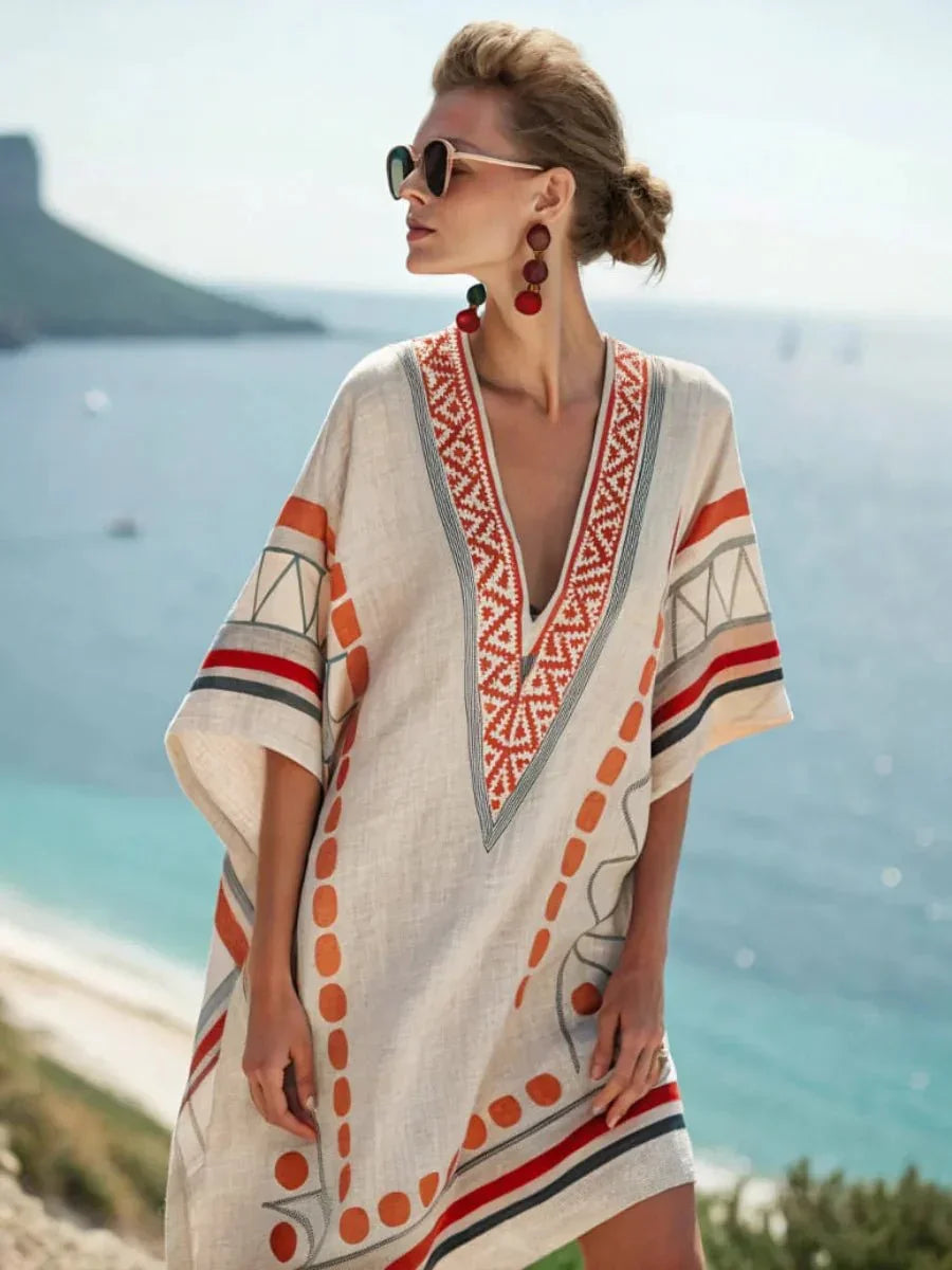 striped-print-v-neck-loose-short-sleeved-vacation-style-dress-6947993 - Easydrop