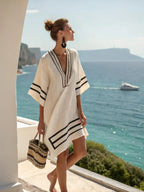 striped-print-v-neck-loose-short-sleeved-vacation-style-dress-7044788 - Easydrop