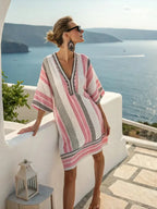 striped-print-v-neck-loose-short-sleeved-vacation-style-dress-7262060 - Easydrop