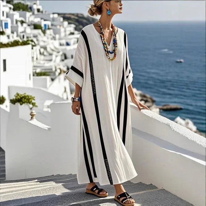 Vintage Summer Contrasting Stripes V-neck Vacation Beach Dress - Easydrop