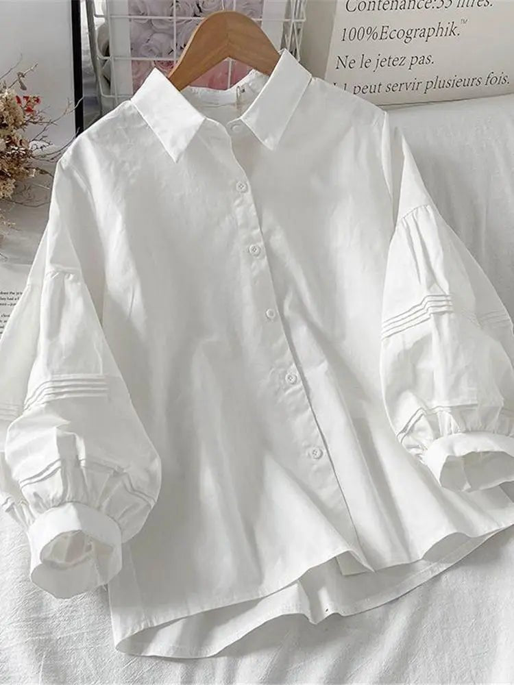 womens-button-patchwork-puff-long-sleeve-shirt-7232224 - Easydrop